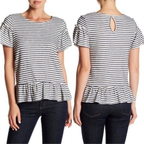 RO&DE White Navy Stripe Short Sleeve Peplum Top M - Picture 1 of 7